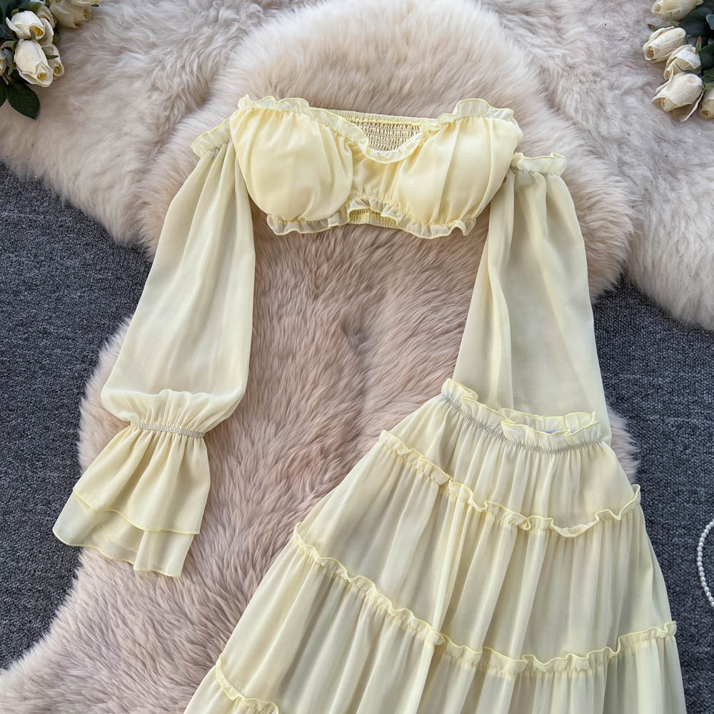 Vacation style elegant one shoulder shorttube top navel exposed chiffon tops high waistruffles skirt hot girl suit