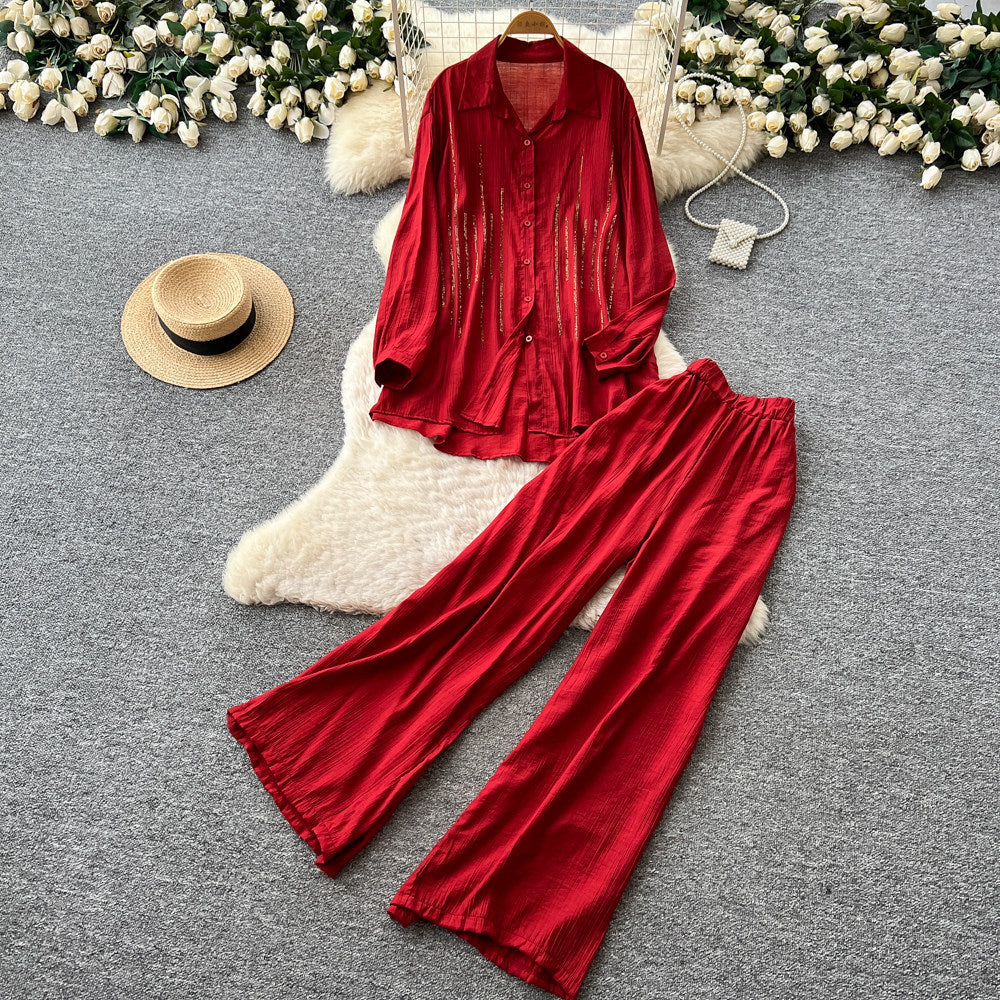 Lazy style red shirt loose pantstwo-piece set female autum lapel fashionloosework clothingfashionablesuit