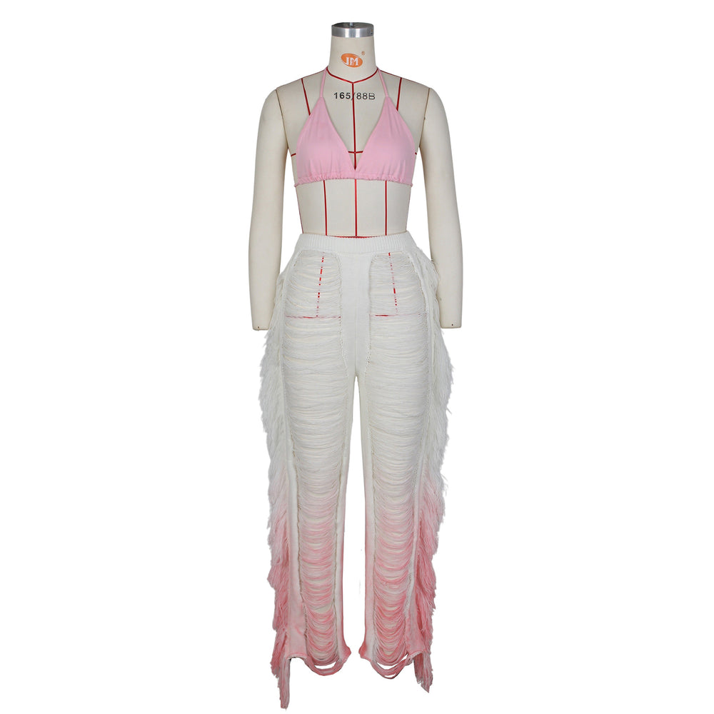 Source factory  summer new european and american style women's sexy gradient beach tassel knit pants casual set