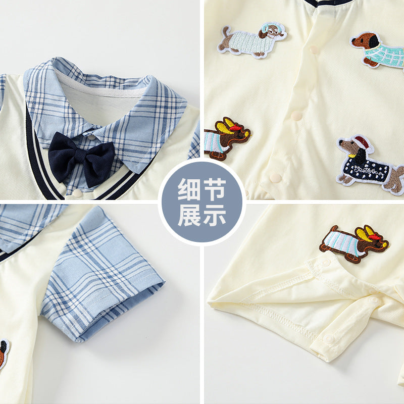 Baby clothes summer thin section new arrivalk-style newborn baby boy one-piece fake two-piece super cute khaki