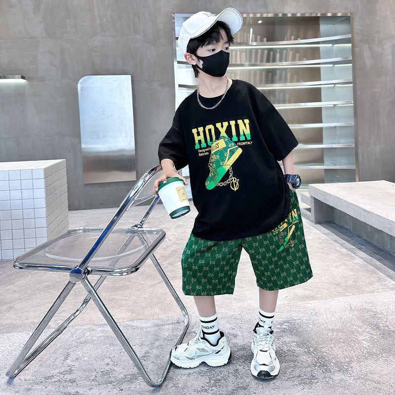 Kids' new  summer t-shirt set: stylish boys' printed casual short-sleeve high-street hip-hop letter print shorts outfit
