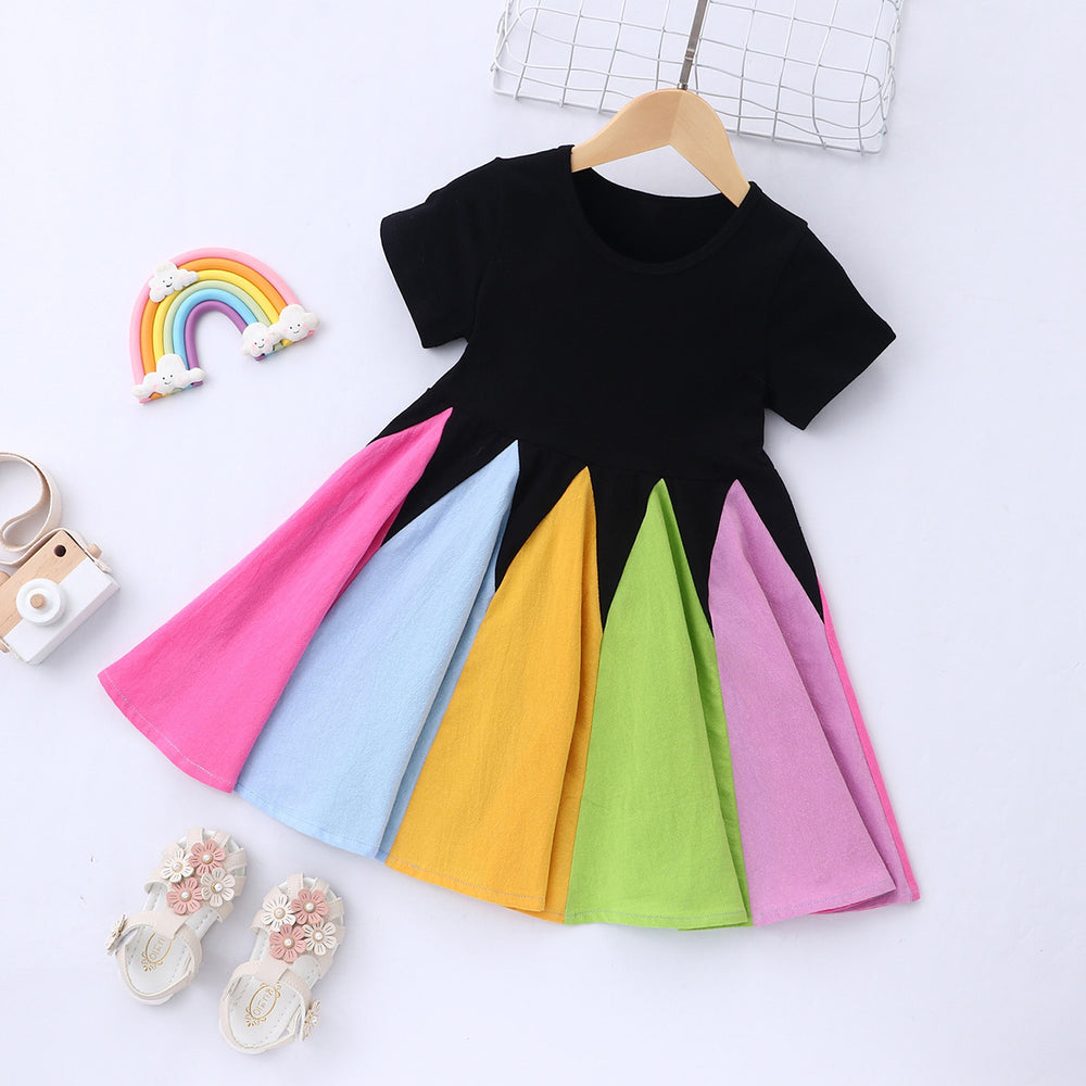 Store manager's pick: new autumn/winter girls' dress - short sleeve crew neck rainbow princess skirt with color block design