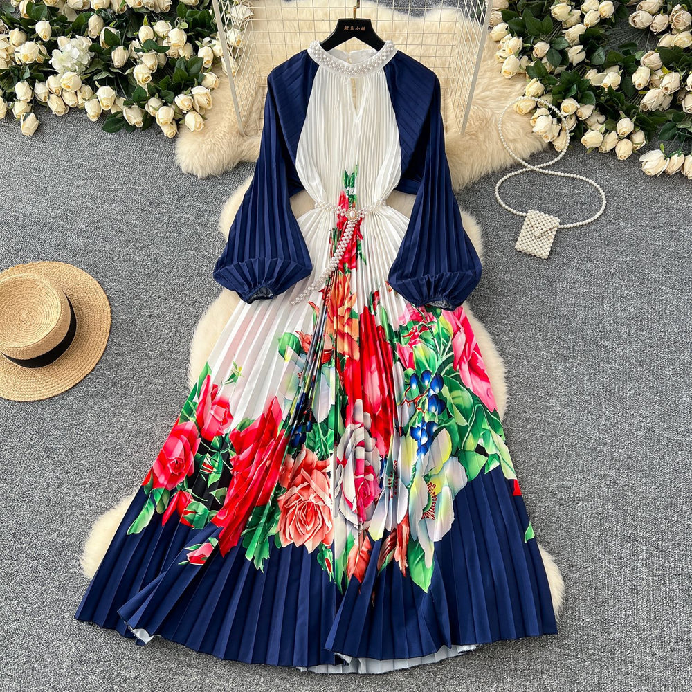 European and american style high-end round neck beaded lantern sleeve pearl belt waist-defining elegant long printed pleated dress