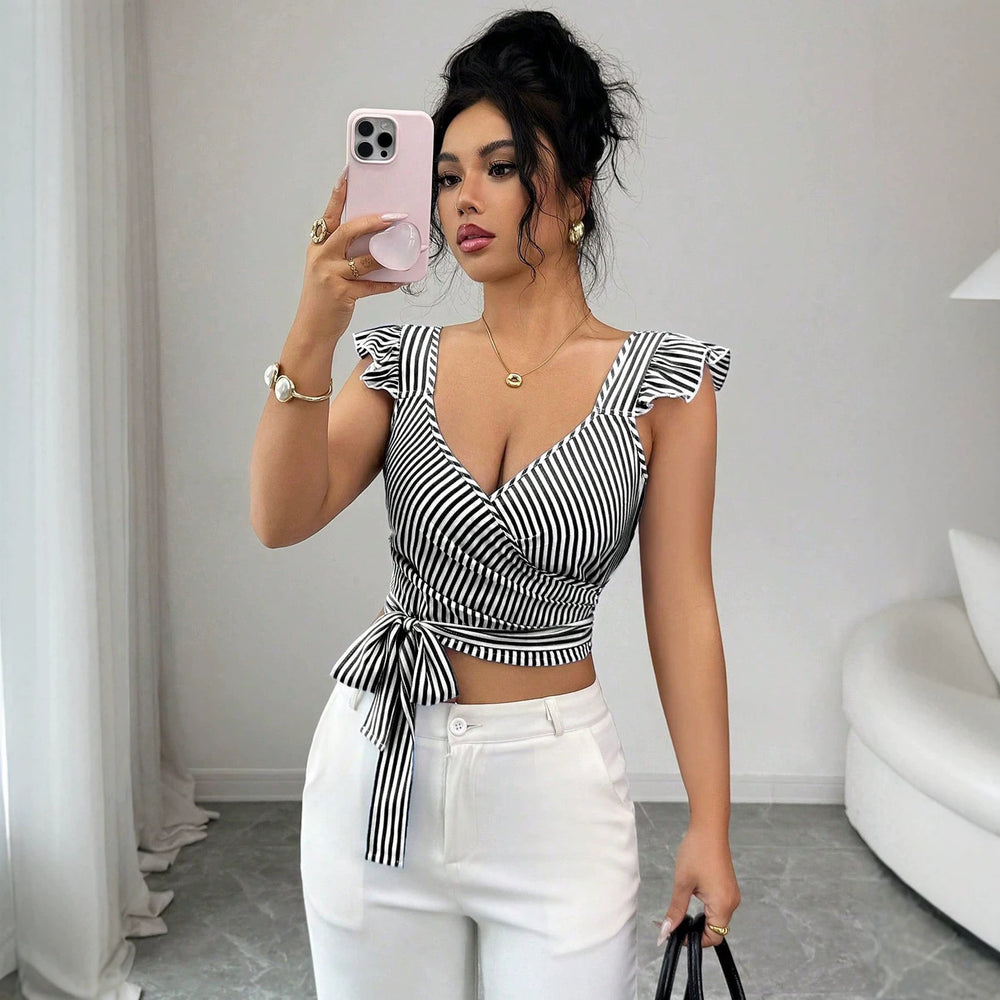 Summerfrenchstripesshorttopsv neck flying sleeves cross wrap side bowsilm navel-baring vest