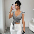 Summerfrenchstripesshorttopsv neck flying sleeves cross wrap side bowsilm navel-baring vest