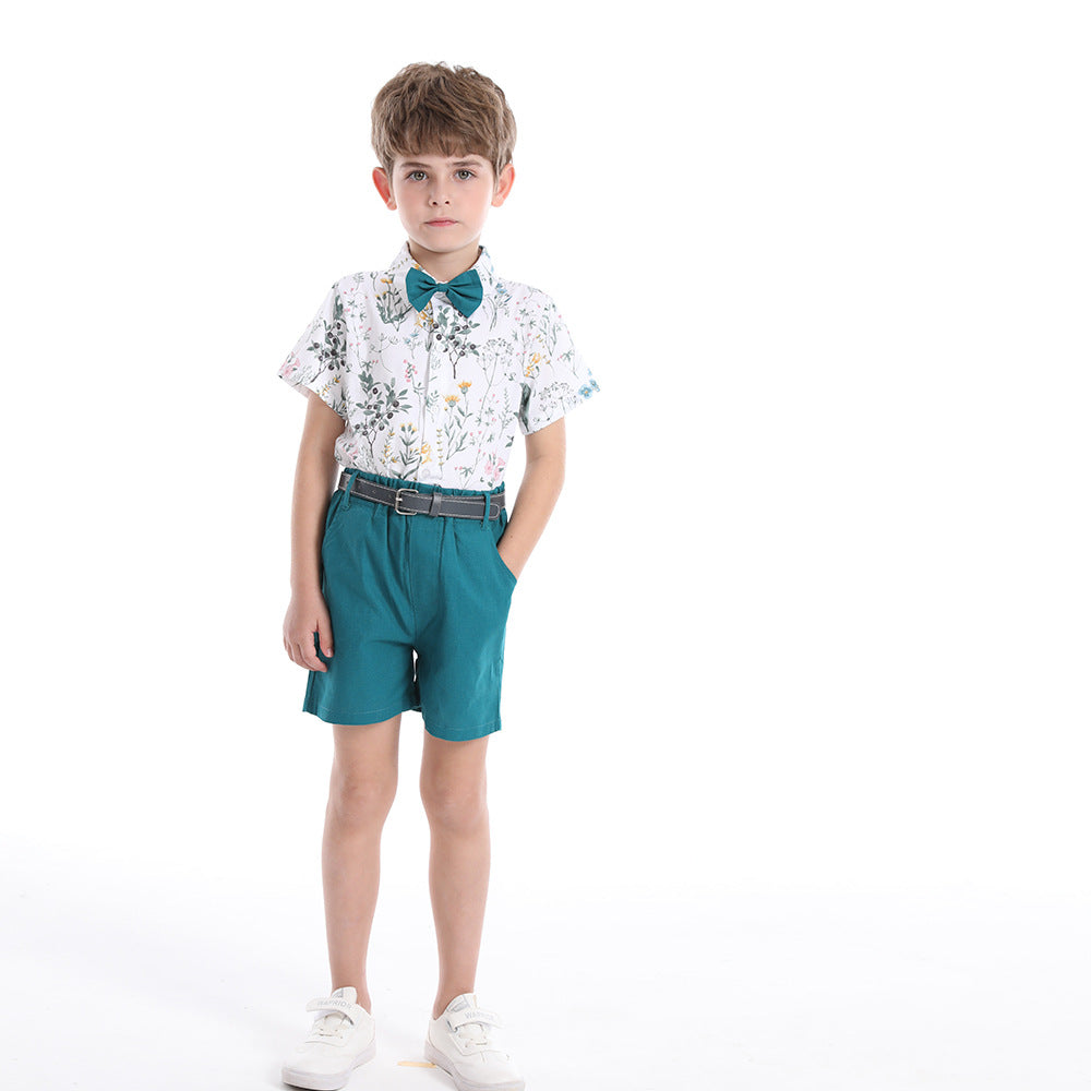 Boys' summer formal outfit set: printed short-sleeve shirt, perfect for little hosts, kindergarten performances, and special occasions