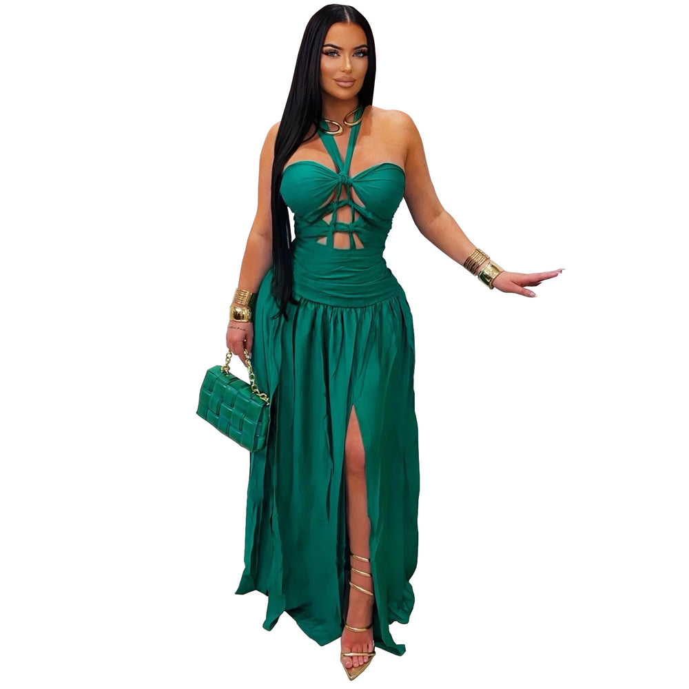 C7762 cross-border  new arrival: halter neck cutout tie-up party evening dress - satin side slit dress