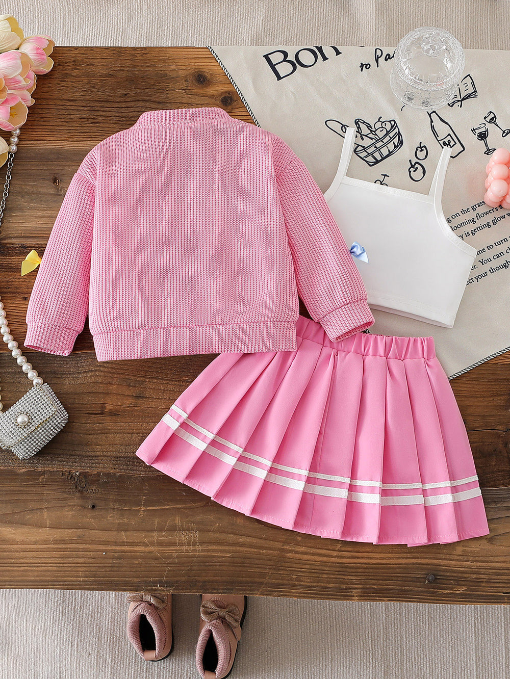 cross-border korean style girls' preppy bow cardigan solid color camisole + a-line pleated skirt three-piece set