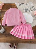cross-border korean style girls' preppy bow cardigan solid color camisole + a-line pleated skirt three-piece set
