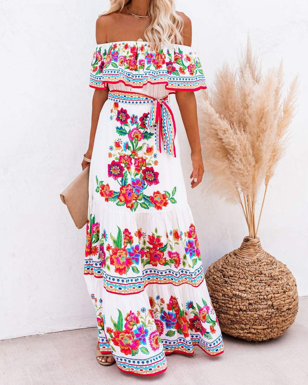 independent station new arrivalfashion spring summer one shoulder red flower printing long swing dress for women