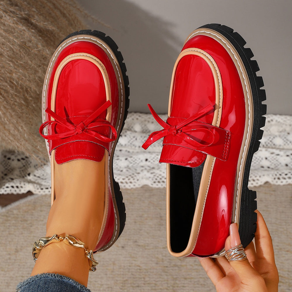 Plus size women's british style loafers -  spring/autumn new collection - shiny chunky heel bow detail casual shoes