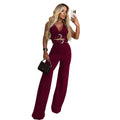 C7499 cross-border   fashion women's v-neck decorative buckle belt top and pants set