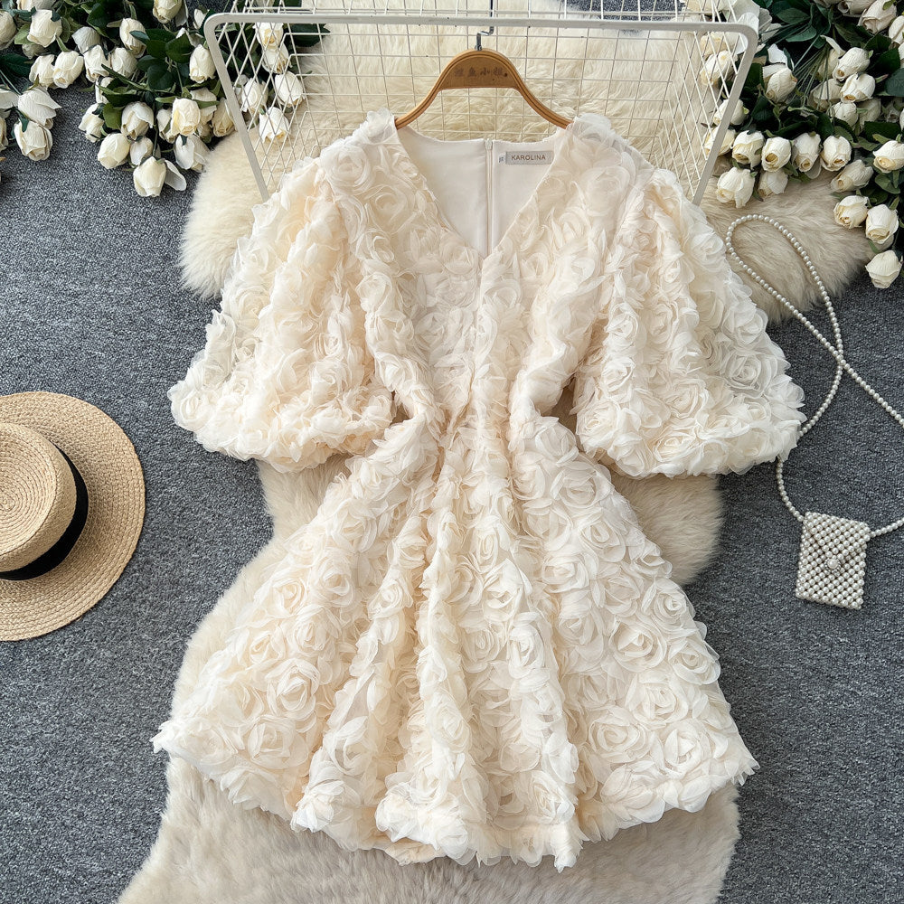 French court style v-neck lantern sleeve 3d floral dress - women's elegant a-line dress with cinched waist, princess style