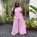 European and american cross-border women's clothing  summer new arrival: african-inspired fashion pink striped short-sleeve shirt and wide-leg pants set