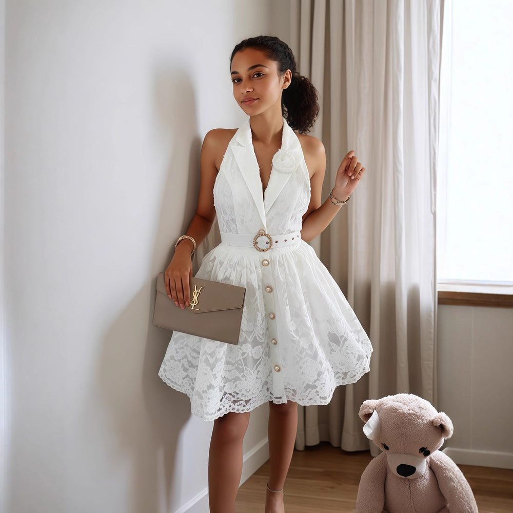 European and american cross-border women's fashion:  autumn new arrival - solid color sleeveless v-neck halter backless cardigan elegant dress