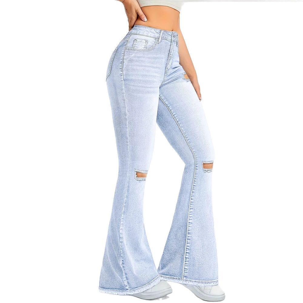Fashionjeans women's ripped raw edge slightly flared high waist elastic silmslimming look retro washed flared pants spicy