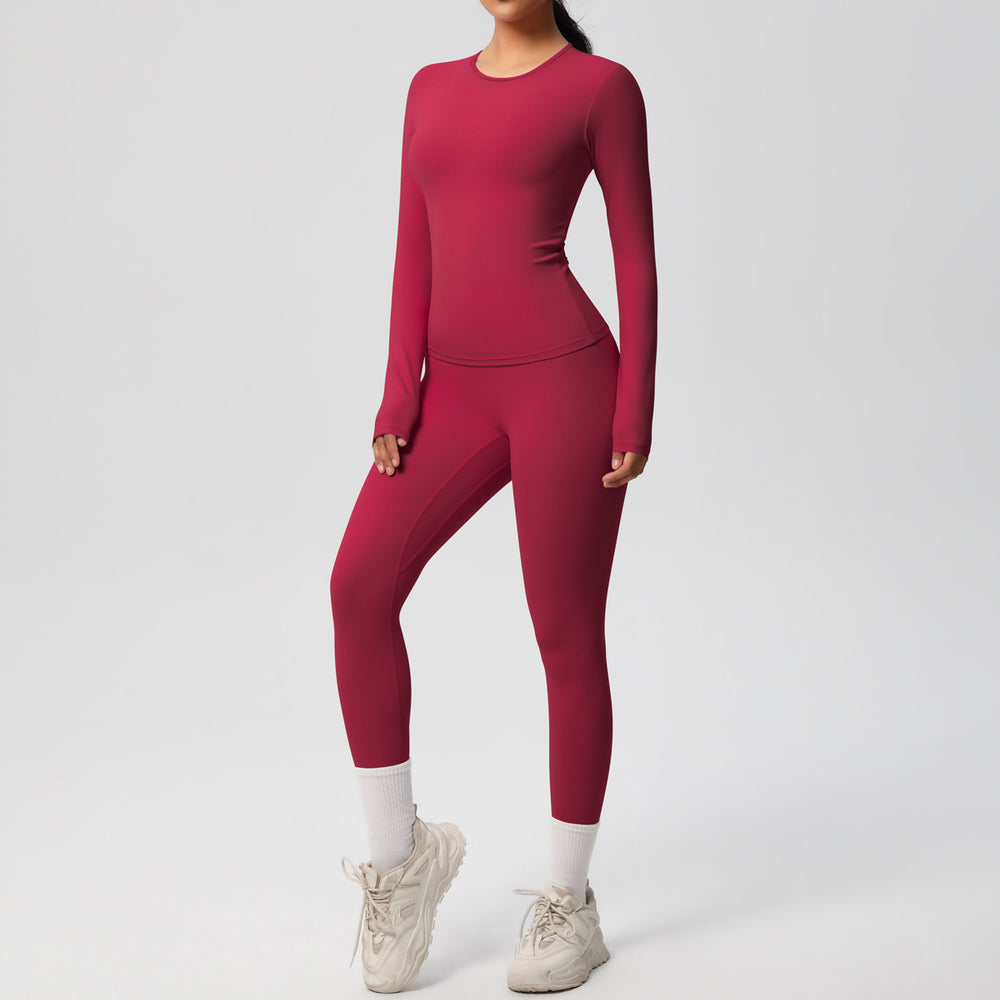 Ready-to-ship cross-border double-sided brushed solid color compression training long sleeve yoga set - activewear running fitness two-piece outfit