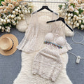 Beach outfit vacation style set for women - vintage crochet halter top + openwork cardigan + midi skirt three-piece set