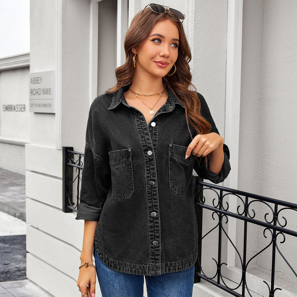 European and american cross-border e-commerce  new arrival washed vintage loose casual early autumn new slit denim shirt for women