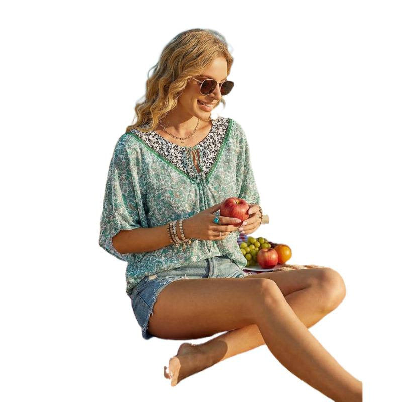 Amazon fashioncasualfloralsv neck short-sleeved shirt for women summernew arrivalbohemiatops
