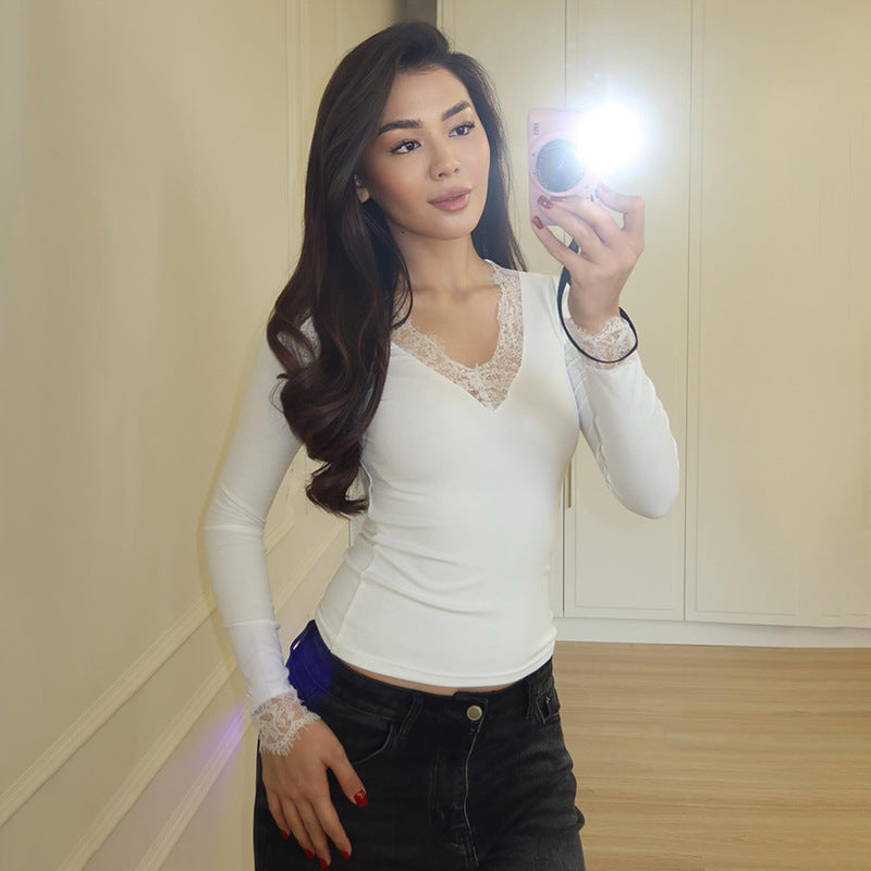 European and american cross-border hot-selling spring new women's solid color fashion v-neck lace trim patchwork waist-defining slim-fit top
