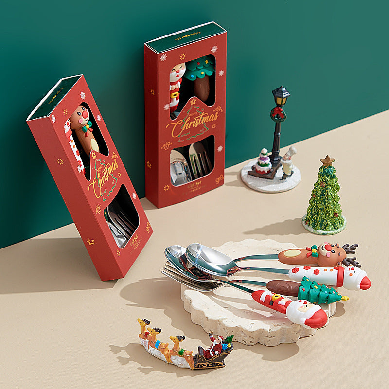 christmas spoon set - cartoon 304 stainless steel santa & reindeer spoons & forks - multi-piece gift box set