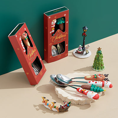 christmas spoon set - cartoon 304 stainless steel santa & reindeer spoons & forks - multi-piece gift box set