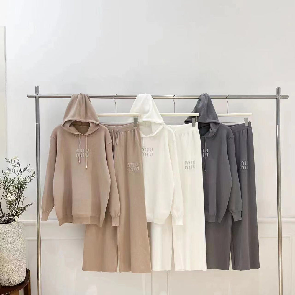 Autumn/winter european & american style letter jacquard knit hoodie top + high-waisted drapey wide-leg pants casual two-piece set