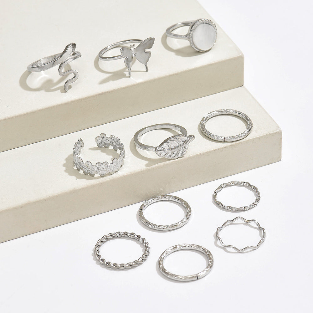 European and american cross-border minimalist retro floral butterfly ring set - elegant, versatile, metal plain band stackable jewelry for women
