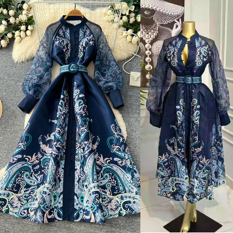 Vintage ethnic lantern sleeve printed dress - women's summer stand collar, slimming a-line maxi dress - elegant & chic