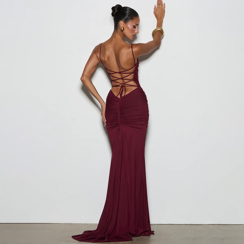 Amazon  summer new arrival: elegant solid color sleeveless bandeau maxi dress with tie-up back and figure-hugging design