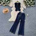 High-end women's summer outfit featuring a stylish v-neck sleeveless single-breasted top and a casual wide-leg pants two-piece set