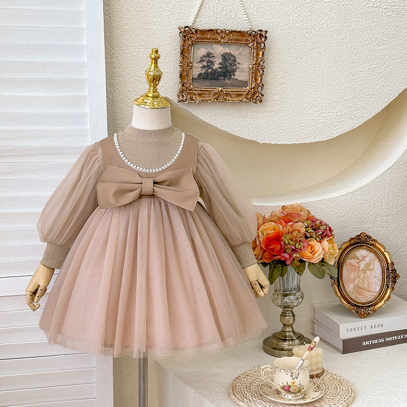 Girls' dress  spring new style chic elegant formal dress oversized bow little girl princess dress trendy