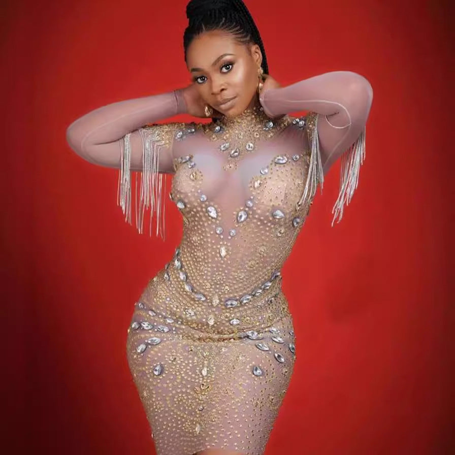 supply elastic mesh hot diamond rhinestone tassel sexy silmcustom performance costume evening dress