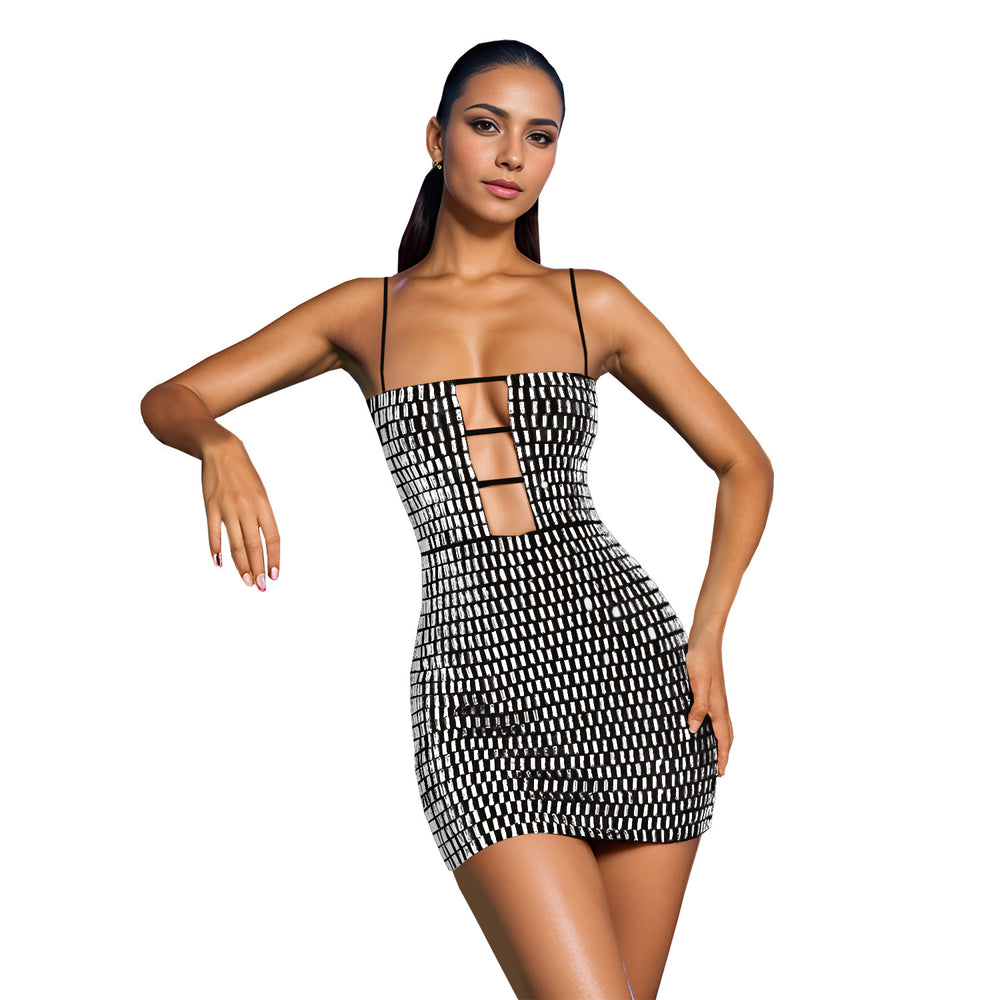 C7167 cross-border   fashion women's sexy slim-fit mini dress with rhinestone embellishments and spaghetti straps
