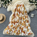 fashionretroprintingpleated elastic waist fashion skirt women's high waist a-line skirt work clothing long skirt summer