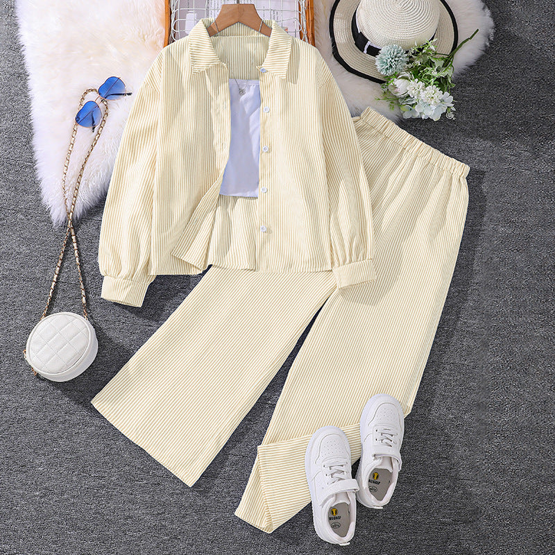 Hot-selling export children's clothing set for boys and girls, spring  european and american new style,  casual striped long-sleeved shirt and pants