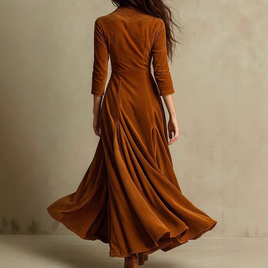 european and american women's clothing  independent station pure color button lapel three-quarter sleeve long skirt dress waist swing skirt
