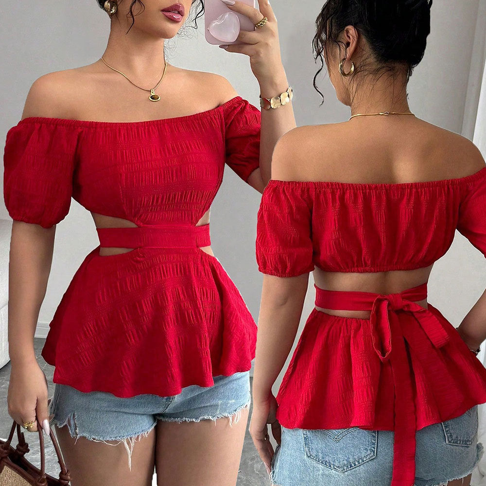 Shein  independent station  women's clothing sexy one-word collar off-the-shoulder T-shirt summer hollow tube top short top