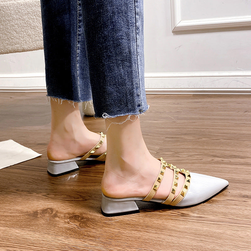 Rivet shoes French sense rivet cool slippers women's summer wear flat-bottomed summer and Korean version patent leather pointed head half slippers