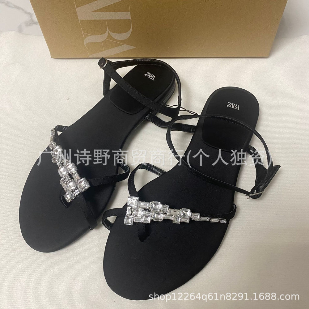 Za2024new arrival rhinestone flip-flop sandals women's summer one-word buckle strap fashioneasiest for matchflats fairy flip-flop slippers