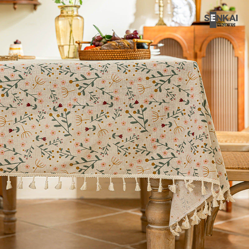 Small fresh tassel waterproof tablecloth imitation cotton and linen fabric printing coffee table cover towel dining table decoration square tablecloth free shipping