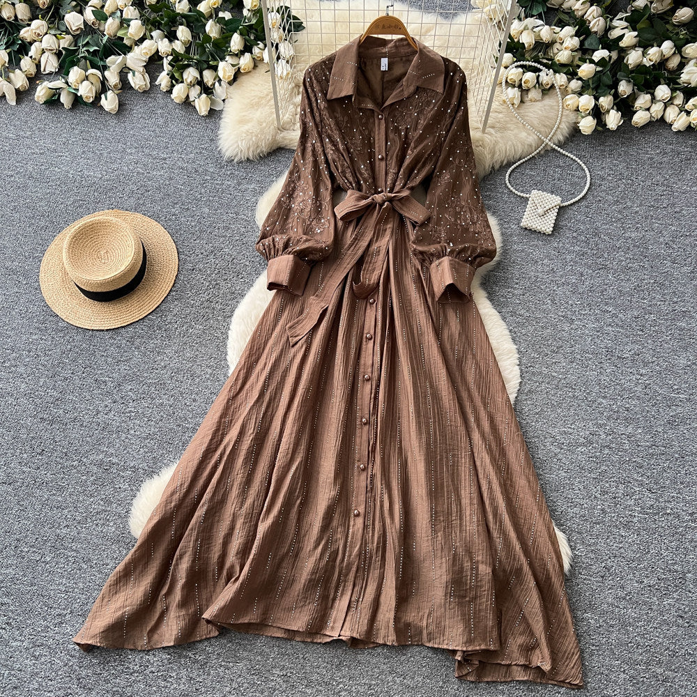 Frenchretro lapel lantern sleeve sequindress women's summerk-style strap waist slimming look long skirt work clothing