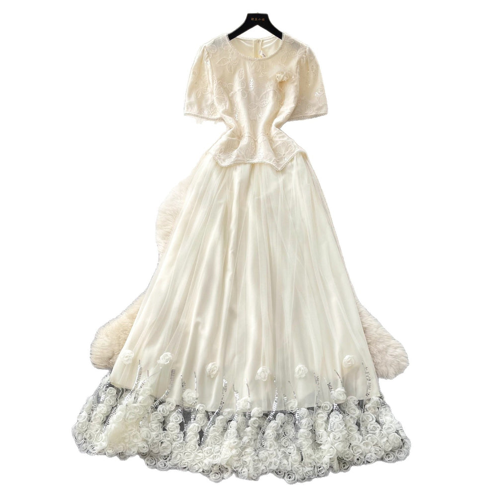 French chic korean style short sleeve lace dress - women's summer high-end elegant a-line maxi dress