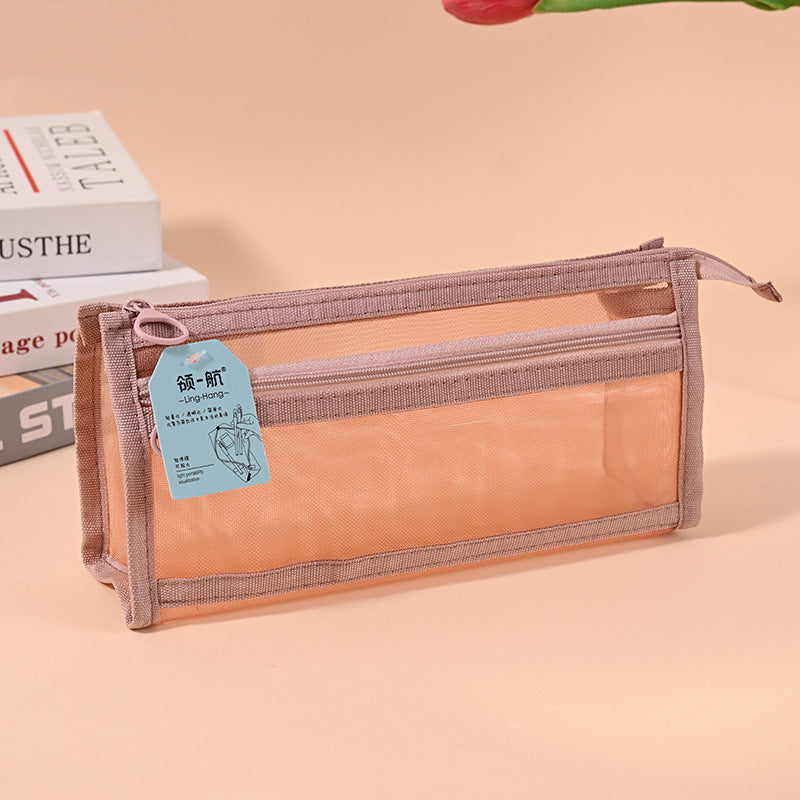 Factory direct sales three-dimensional large-capacity student pencil bag, simple transparent mesh stationery box, triangular universal stationery bag