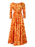 women's spring  new fashionable elegant tie-waist printed african plus size midi dress - export dress