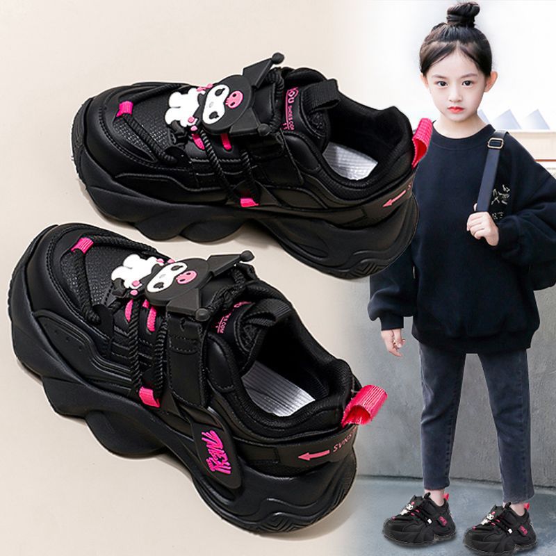 Durable girls' shoes: new  autumn/winter black kids' fleece-lined warm sneakers, girls' chunky sneakers, double-layer cotton shoes