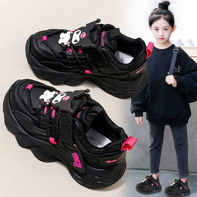 Durable girls' shoes: new  autumn/winter black kids' fleece-lined warm sneakers, girls' chunky sneakers, double-layer cotton shoes
