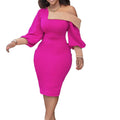 D236 cross-border new fashion contrasting color off-shoulder long-sleeved hip skirt independent station   large size women's clothing