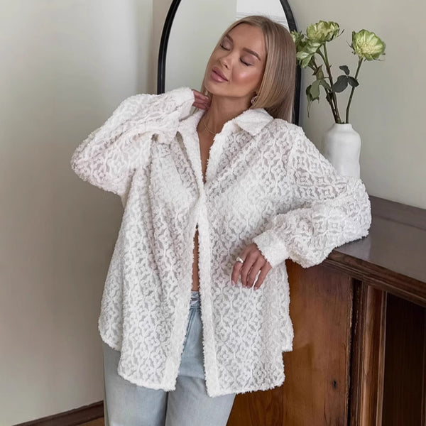 French fashion white jacquard lapel shirt 2025 autumn temperament with sunscreen long-sleeved women's shirt women's clothing